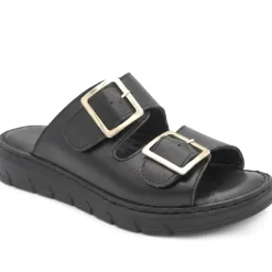 Dual Buckled Leather Chunky Mule Sandals - Black