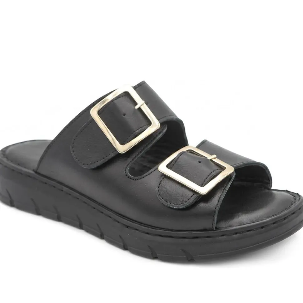Dual Buckled Leather Chunky Mule Sandals - Black