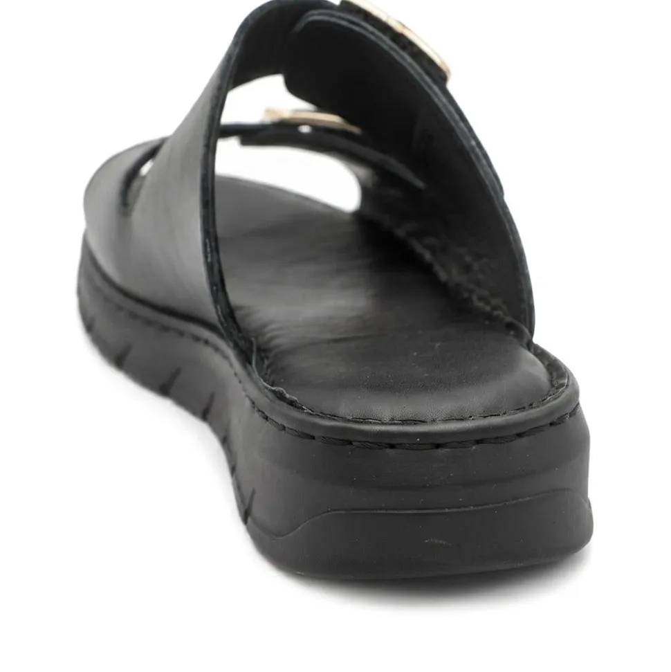 Dual Buckled Leather Chunky Mule Sandals - Black