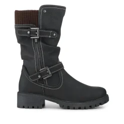 Dual Buckle Knitted Cuff Zipped Ankle Boots - Black
