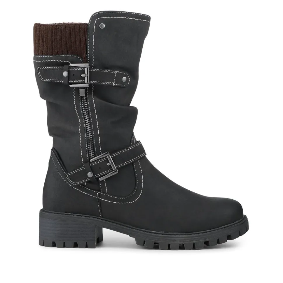 Dual Buckle Knitted Cuff Zipped Ankle Boots - Black