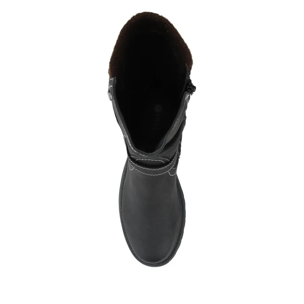 Dual Buckle Knitted Cuff Zipped Ankle Boots - Black