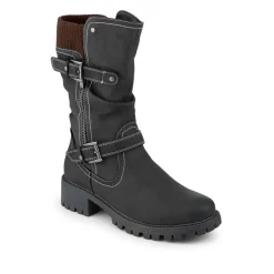 Dual Buckle Knitted Cuff Zipped Ankle Boots - Black