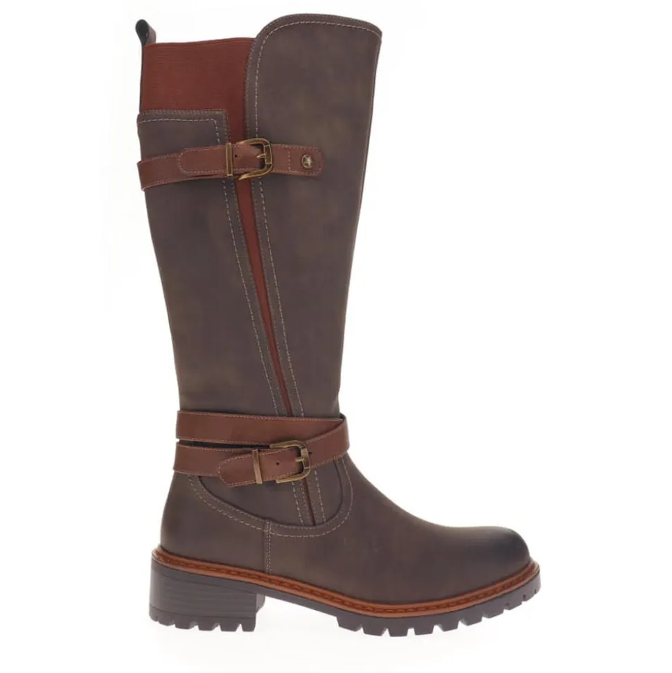 Dual-Buckle Long Boots - Khaki
