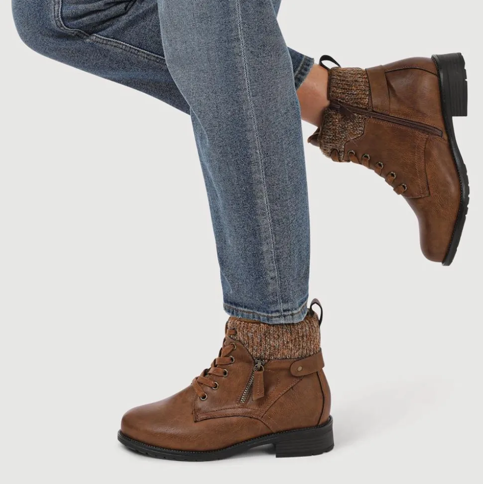EasyFit Extra-Wide Knitted-Cuff Ankle Boots - Tan