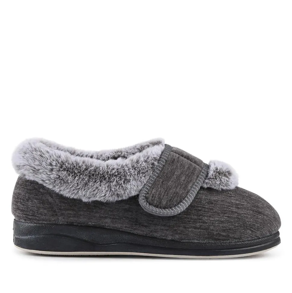 EasyFit Extra Wide Touch Fasten Slippers - Grey