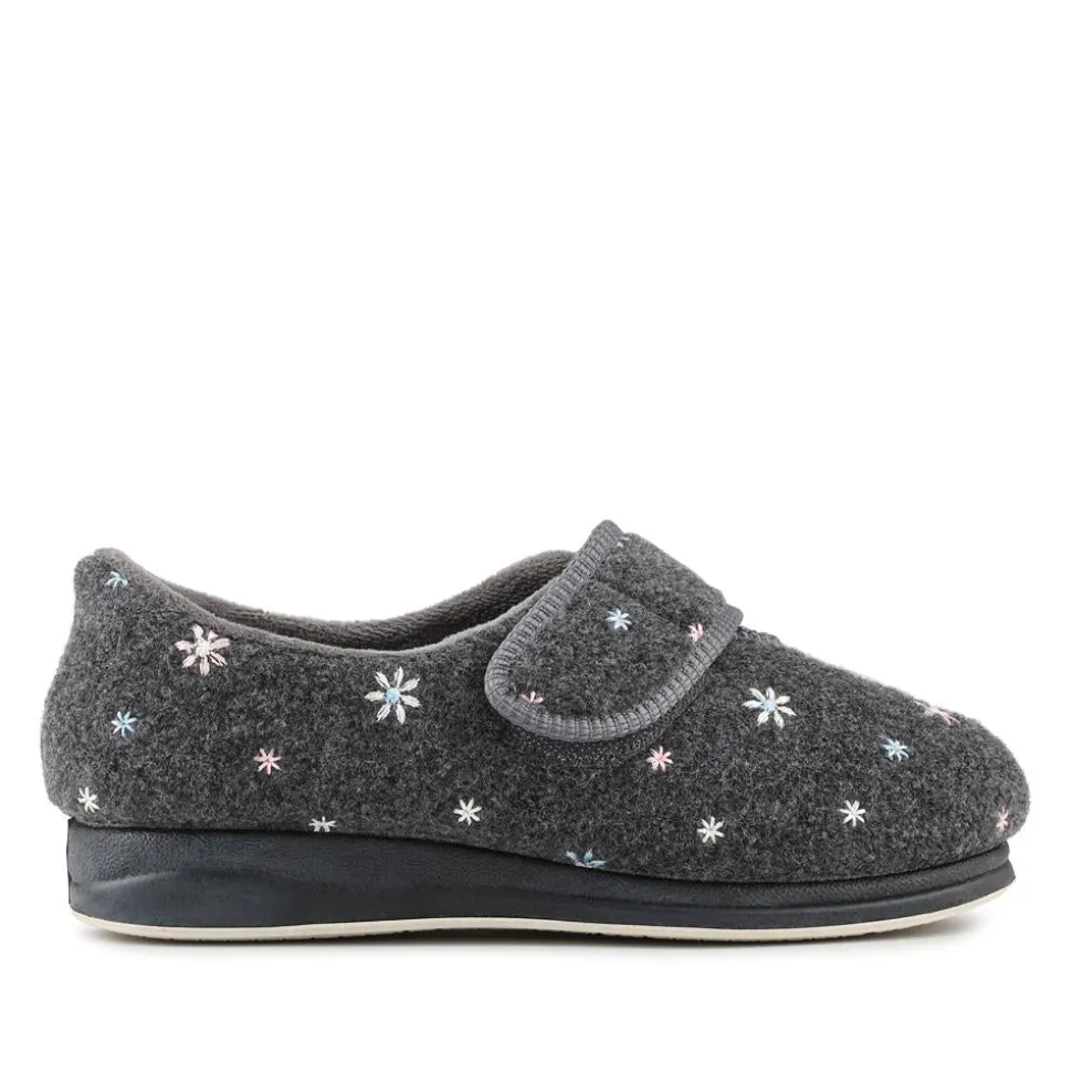 Easy Step In Extra Wide Adjustable Fasten Slippers - Grey
