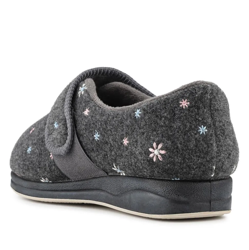 Easy Step In Extra Wide Adjustable Fasten Slippers - Grey