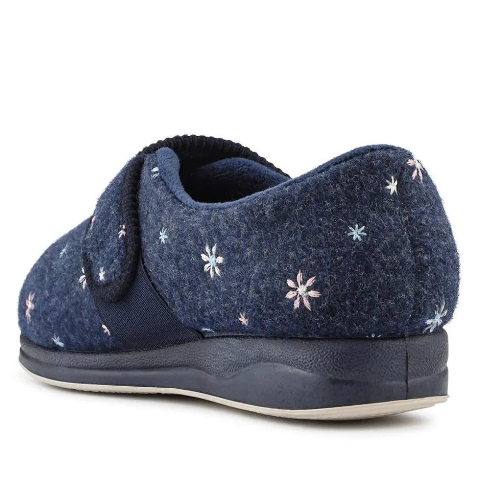 Easy Step In Extra Wide Adjustable Fasten Slippers - Navy