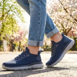 Easy Step In Wide Fit Memory Foam Lace Up Trainers - Navy