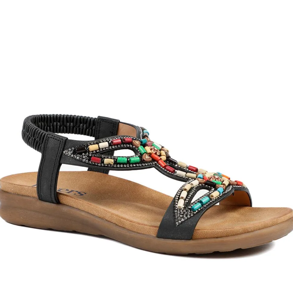 Elasticated Embellished Slingback Sandals - Black