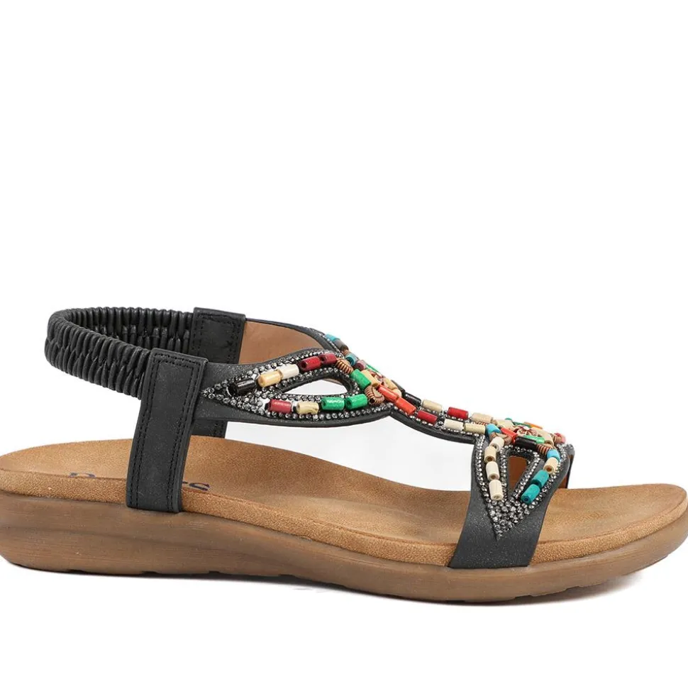 Elasticated Embellished Slingback Sandals - Black