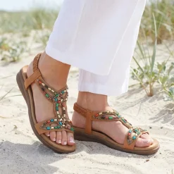 Elasticated Embellished Slingback Sandals - Tan