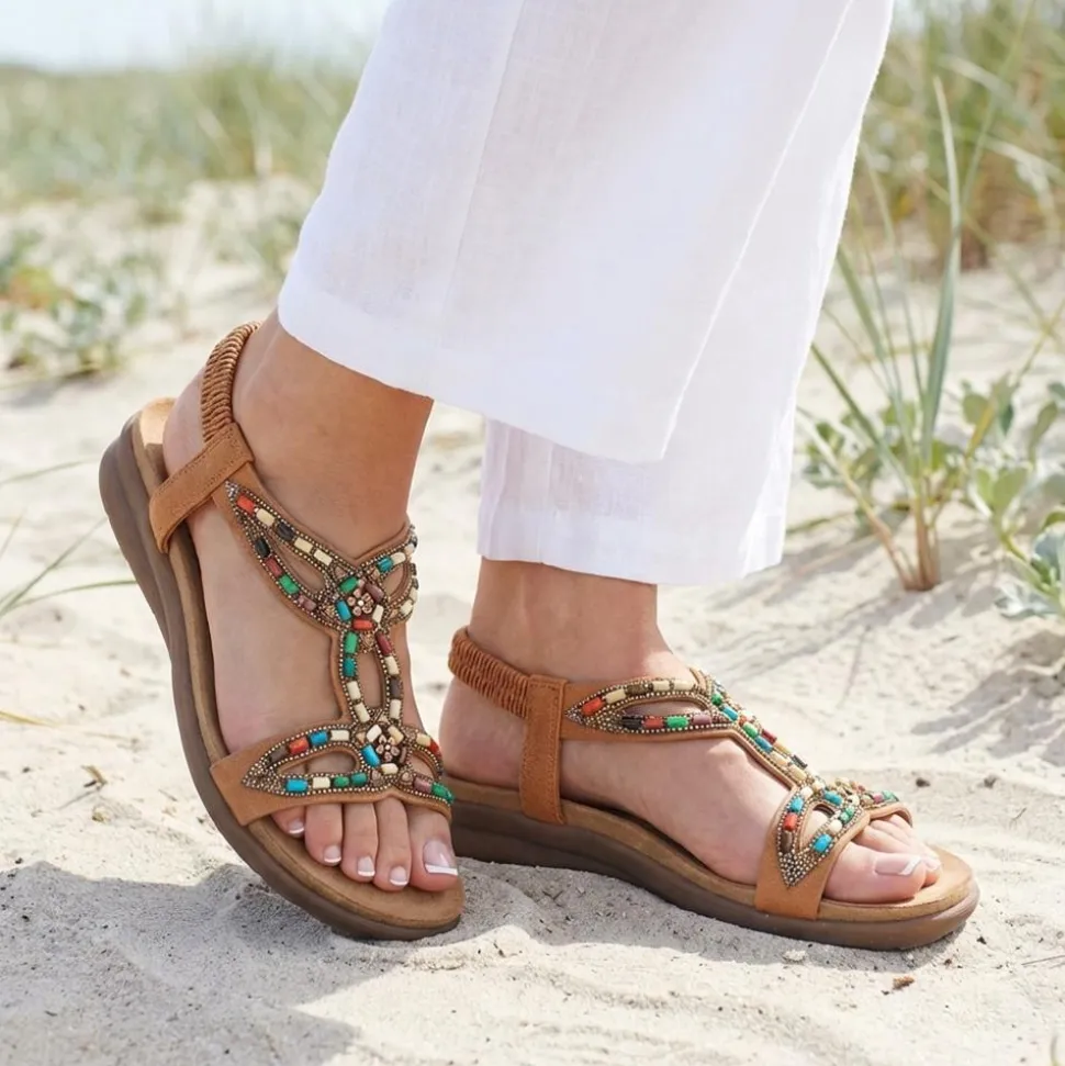 Elasticated Embellished Slingback Sandals - Tan
