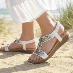 Elasticated Embellished Slingback Sandals - White