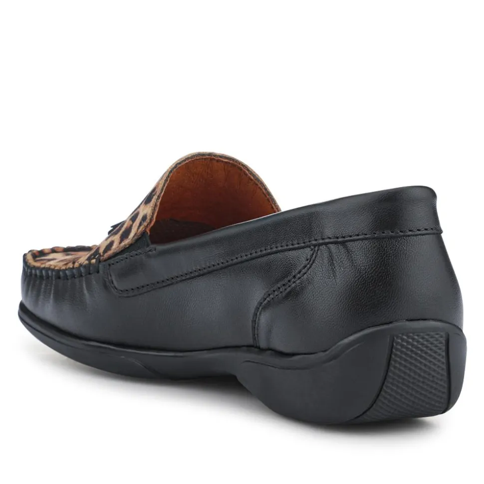 Embroided Panel Leather Loafers - Black-Leopard