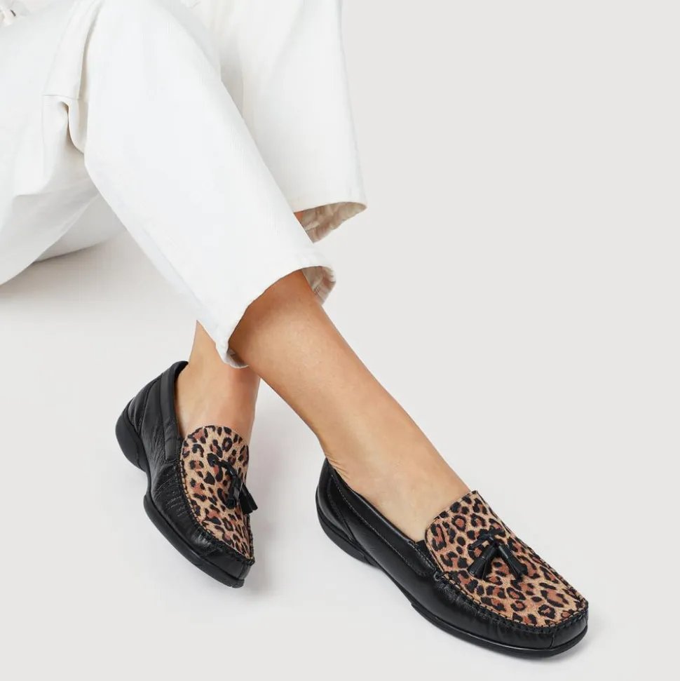 Embroided Panel Leather Loafers - Black-Leopard