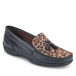 Embroided Panel Leather Loafers - Black-Leopard