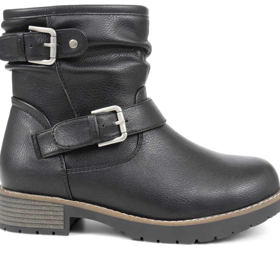 Extra-Wide Fit Buckle Biker Boots - Black
