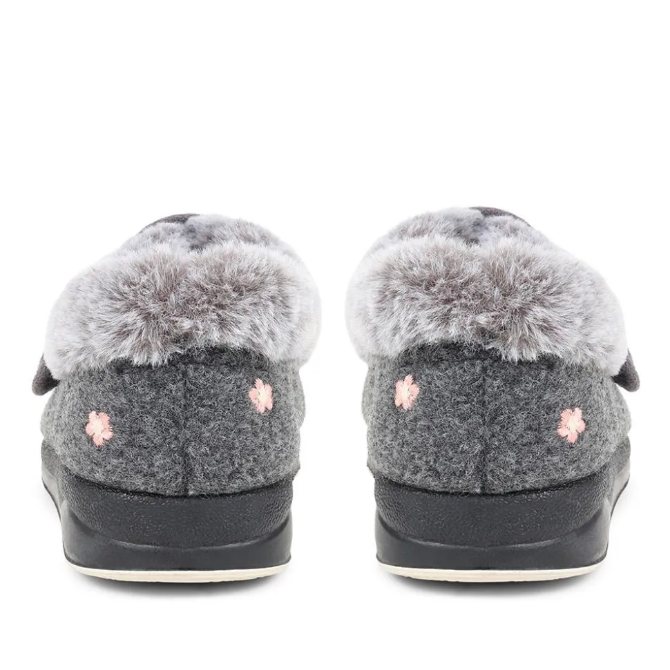 Extra-Wide Fit Faux-Fur Flower Slippers - Grey