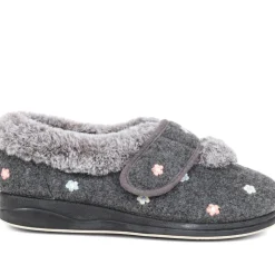 Extra-Wide Fit Faux-Fur Flower Slippers - Grey