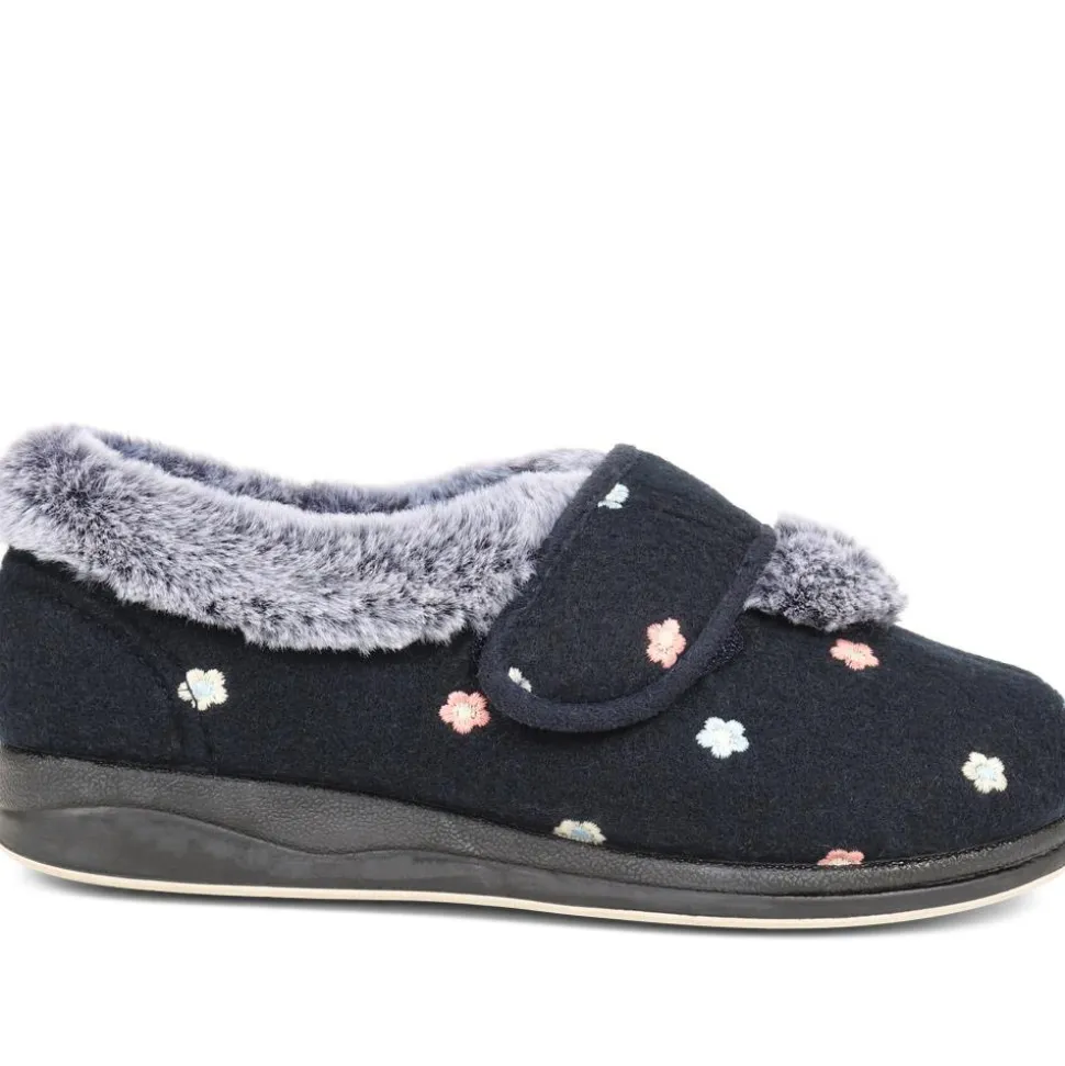 Extra-Wide Fit Faux-Fur Flower Slippers - Navy