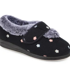 Extra-Wide Fit Faux-Fur Flower Slippers - Navy