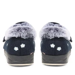 Extra-Wide Fit Faux-Fur Flower Slippers - Navy