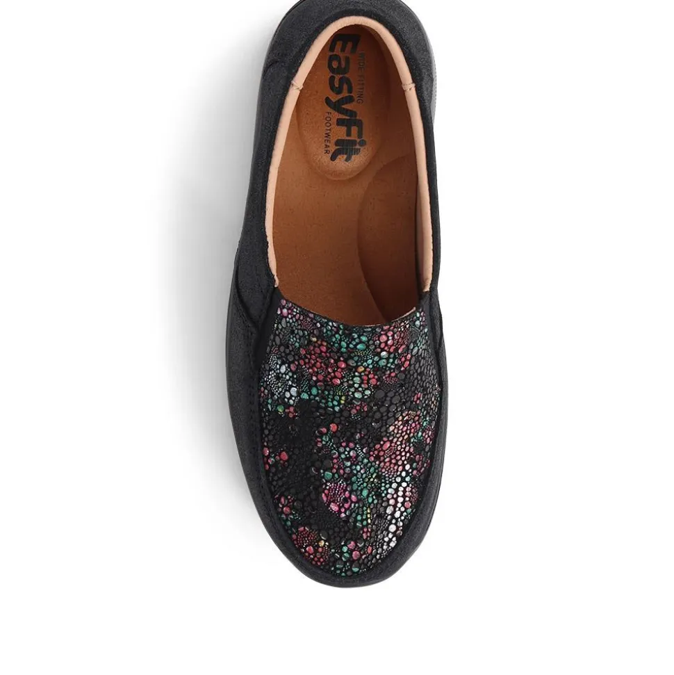 Extra Wide Fit Leather Slip-On Shoes - Black Floral