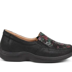 Extra Wide Fit Leather Slip-On Shoes - Black Floral