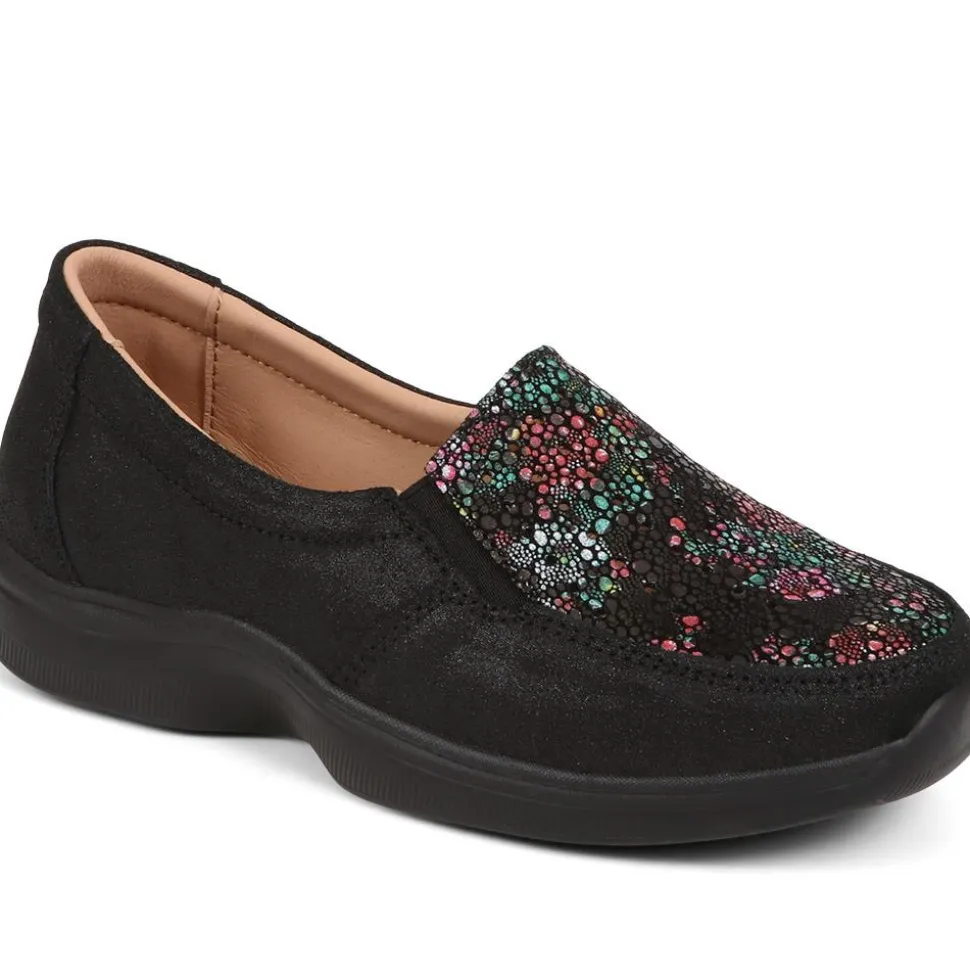 Extra Wide Fit Leather Slip-On Shoes - Black Floral
