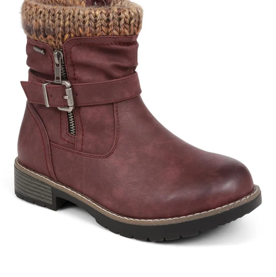 Extra-Wide Knitted Cuff Ankle Boots - Burgundy