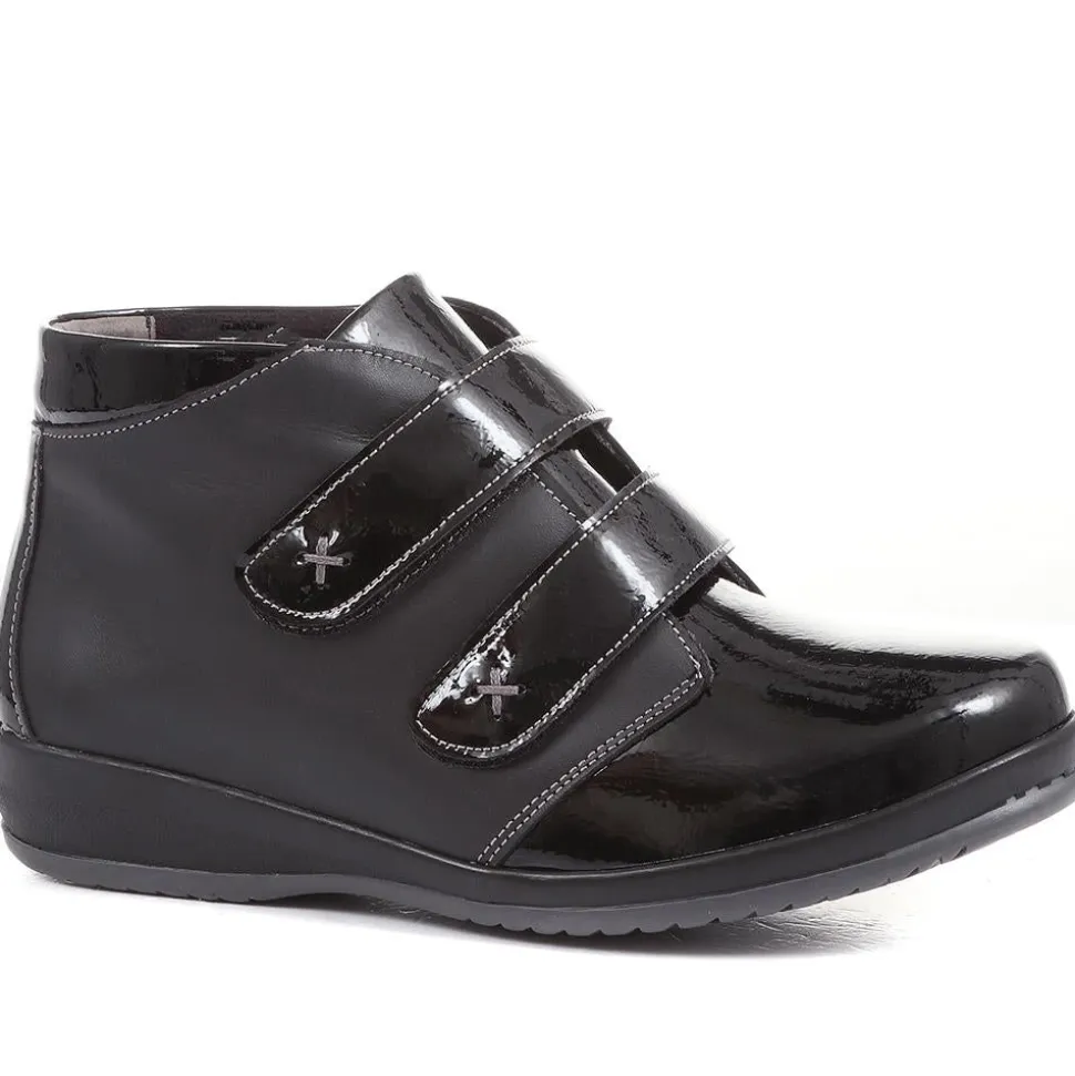 Extra Wide Leather Ankle Boots - Black Patent