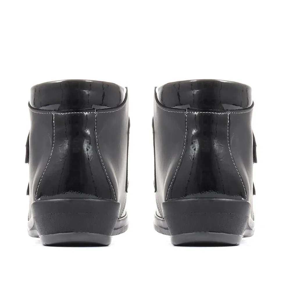Extra Wide Leather Ankle Boots - Black Patent