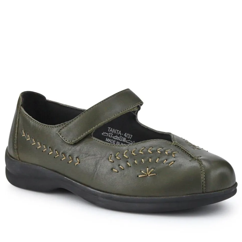 Extra-Wide Leather Mary Janes - Khaki