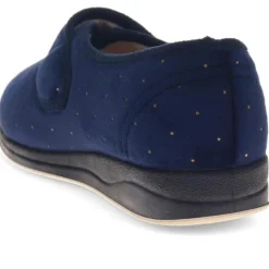 Extra-Wide Touch-Fasten Velour Slippers - Navy