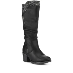Fabric-Cuff Block-Heeled Long Boots - Black