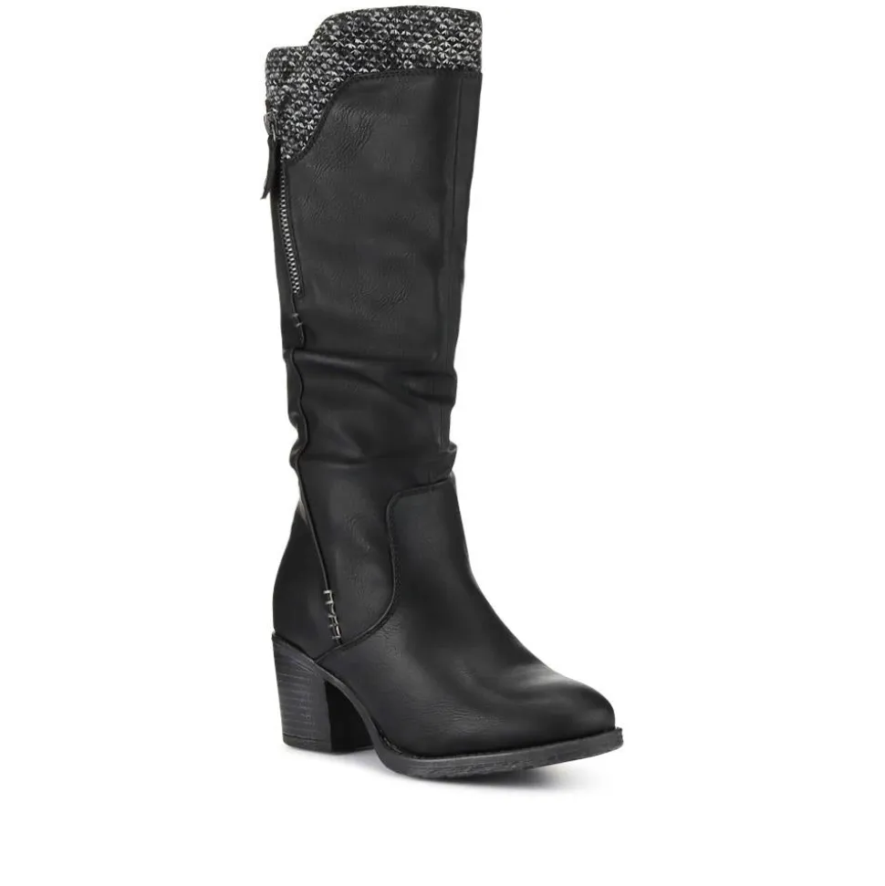 Fabric-Cuff Block-Heeled Long Boots - Black
