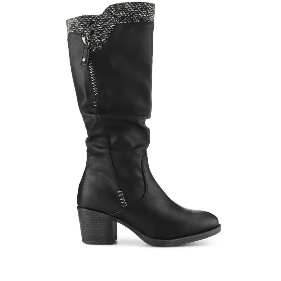 Fabric-Cuff Block-Heeled Long Boots - Black