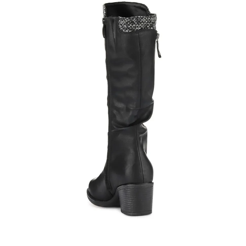 Fabric-Cuff Block-Heeled Long Boots - Black