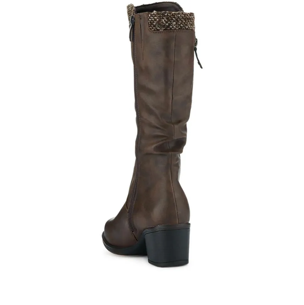 Fabric-Cuff Block-Heeled Long Boots - Brown