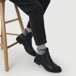 Faux Fur Cuff Lace Up Ankle Boots - Black