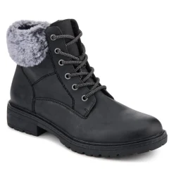 Faux Fur Cuff Lace Up Ankle Boots - Black