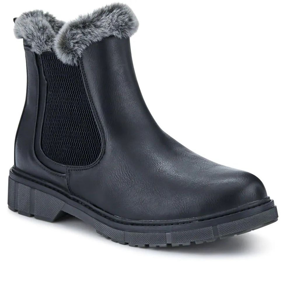 Faux-Fur-Lined Ankle Boots - Black