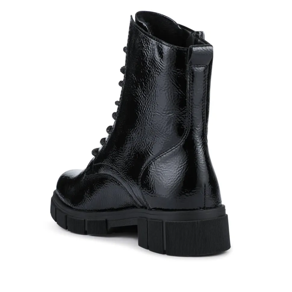 Faux Leather Lace-Up Boots - Black Patent