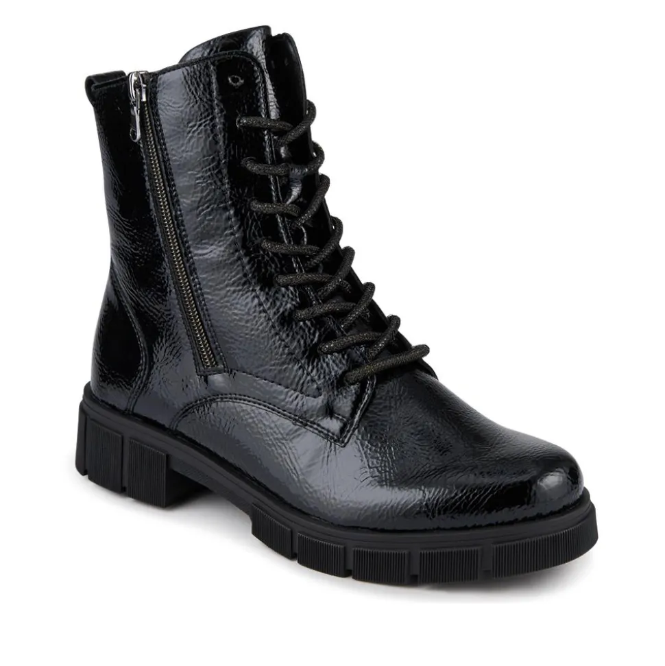 Faux Leather Lace-Up Boots - Black Patent