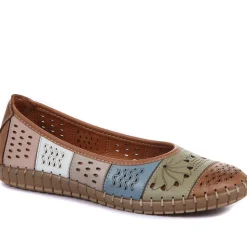 Flat Leather Ballerina Shoes - Tan Multi
