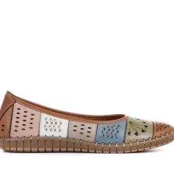 Flat Leather Ballerina Shoes - Tan Multi