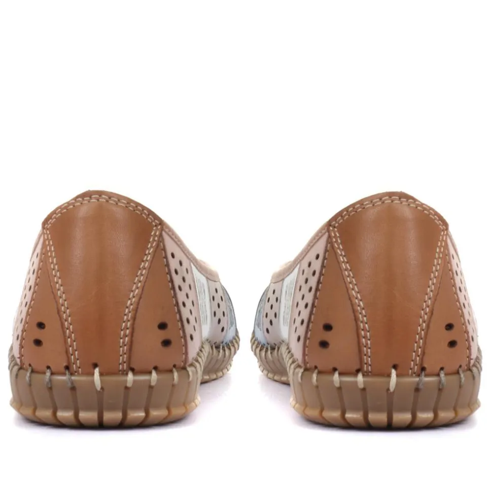 Flat Leather Ballerina Shoes - Tan Multi