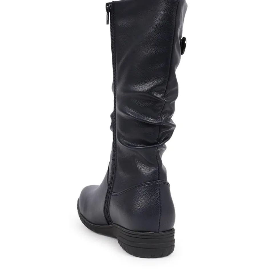 Flat Slouch Boots - Navy